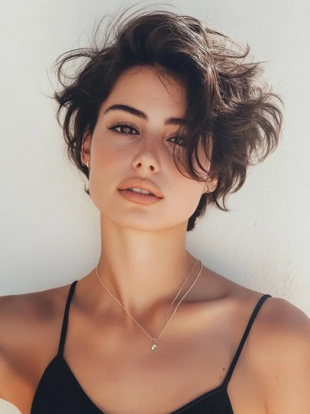 Dark wavy pixie bob with a deep side part and voluminous fringe
