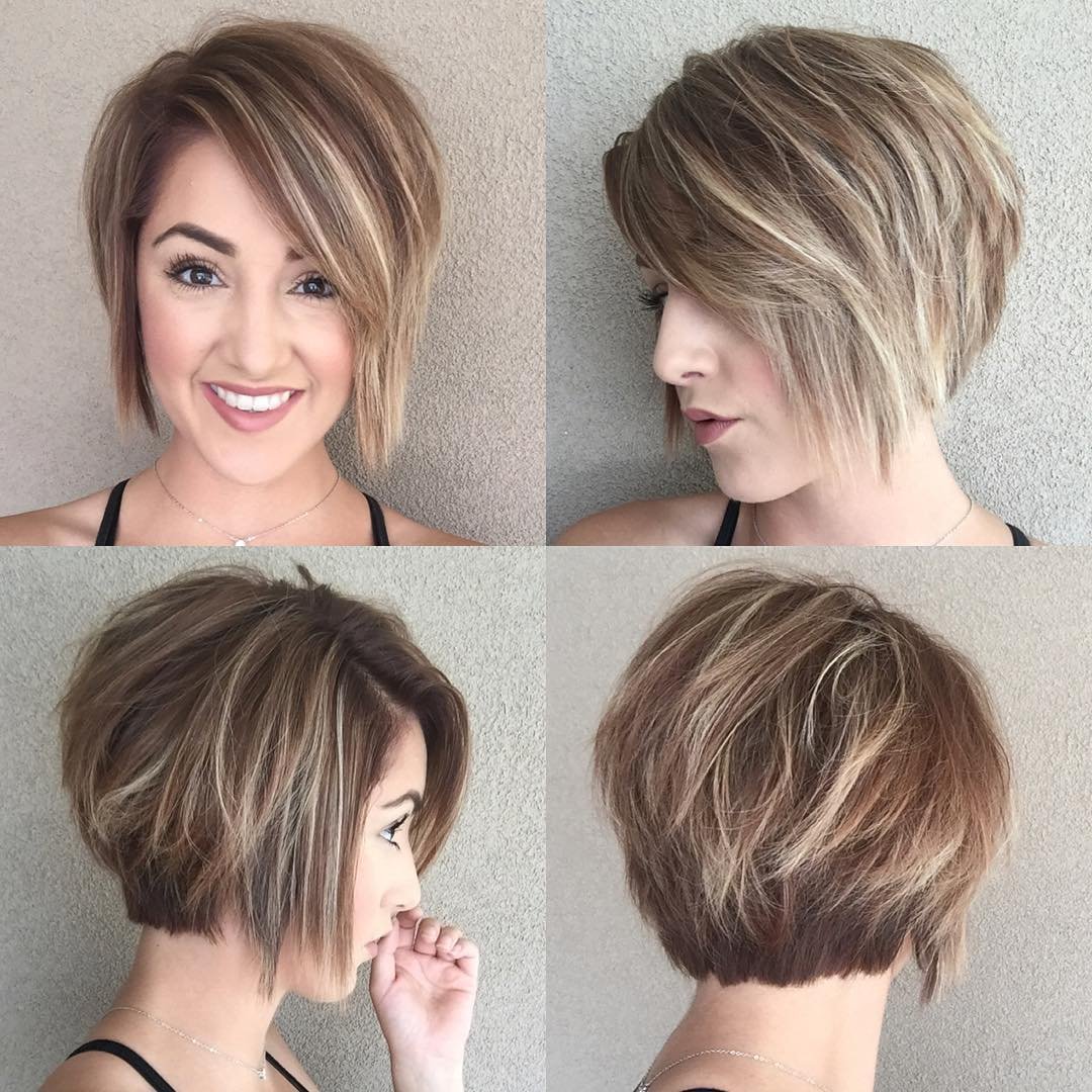Angled highlighted pixie bob with a long fringe and stacked back