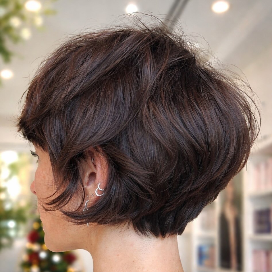 Dark rounded pixie bob with a long side fringe and tapered nape