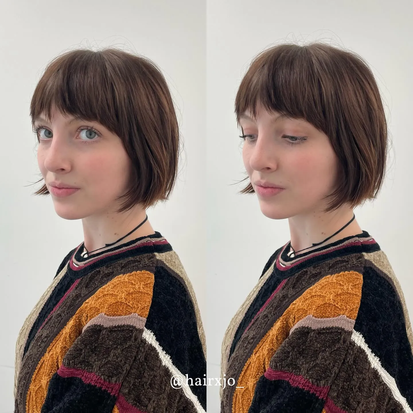 rounded mini bob with full fringe and softly tucked ends