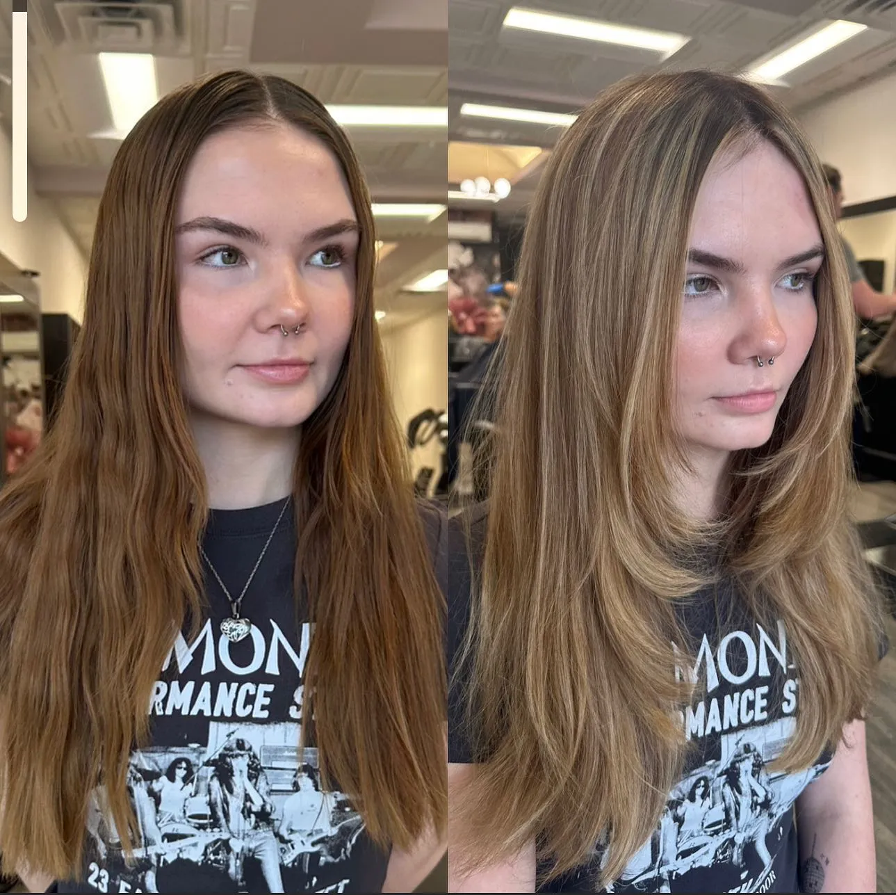 Before and after long hair with subtle amber balayage