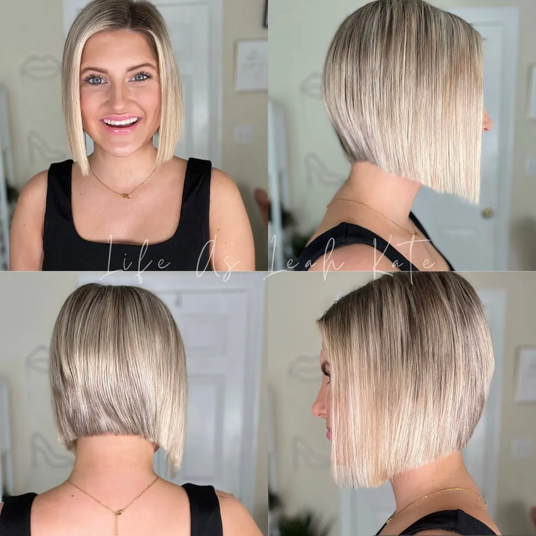 Platinum stacked angled bob shown from four views