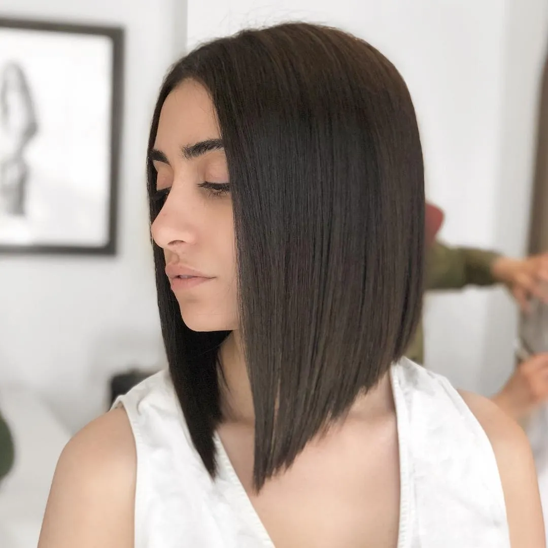 Sleek dark A-line bob with long pointed front ends