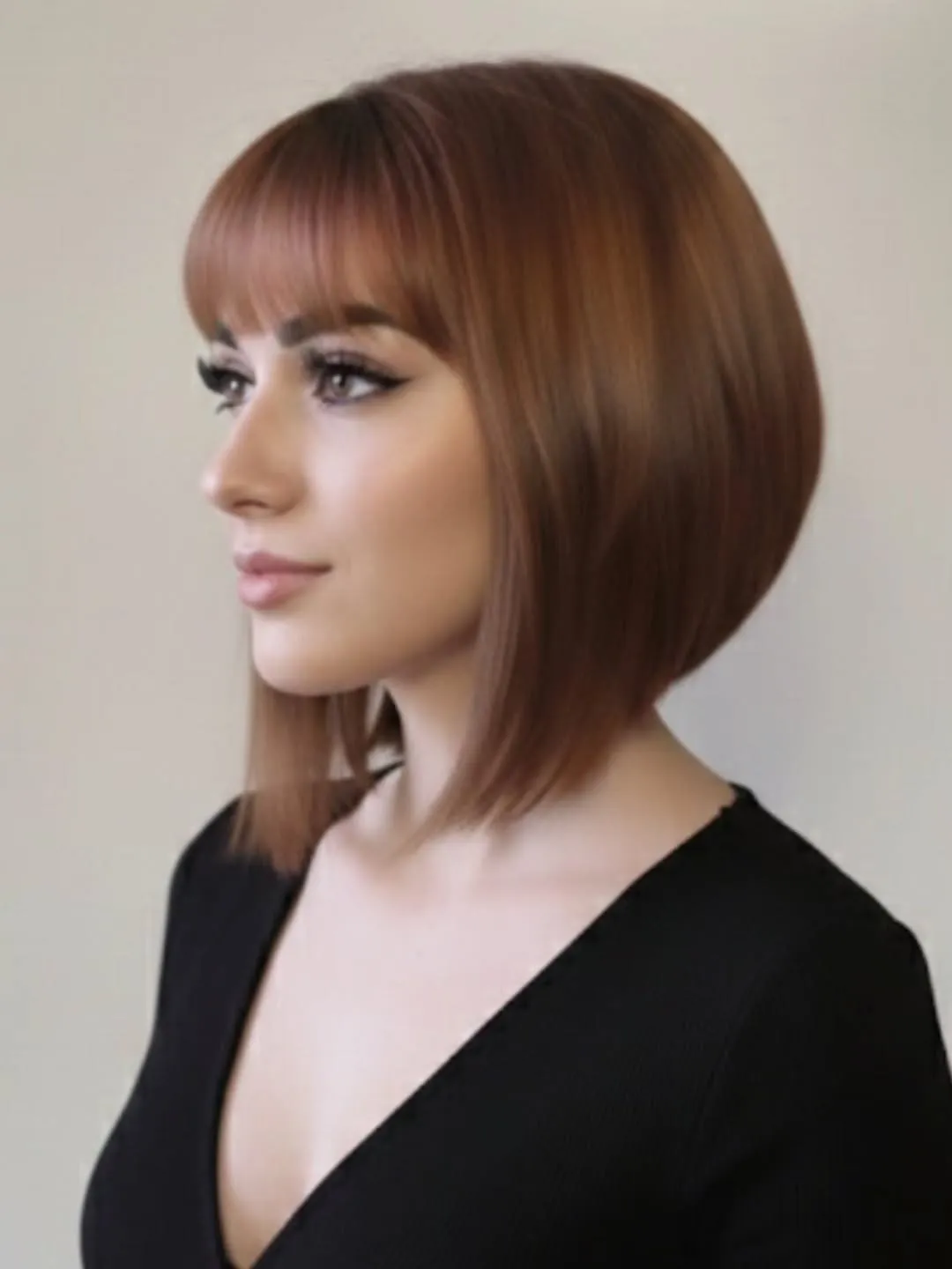 Rounded auburn angled bob with straight fringe