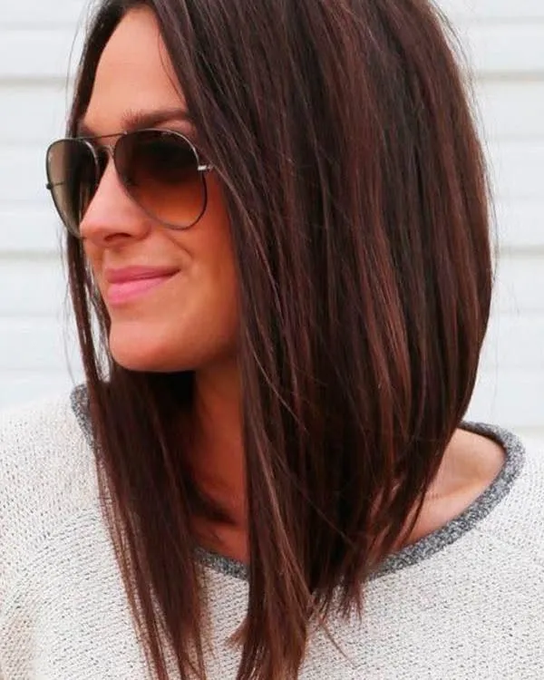 Long dark angled bob with dramatic front length