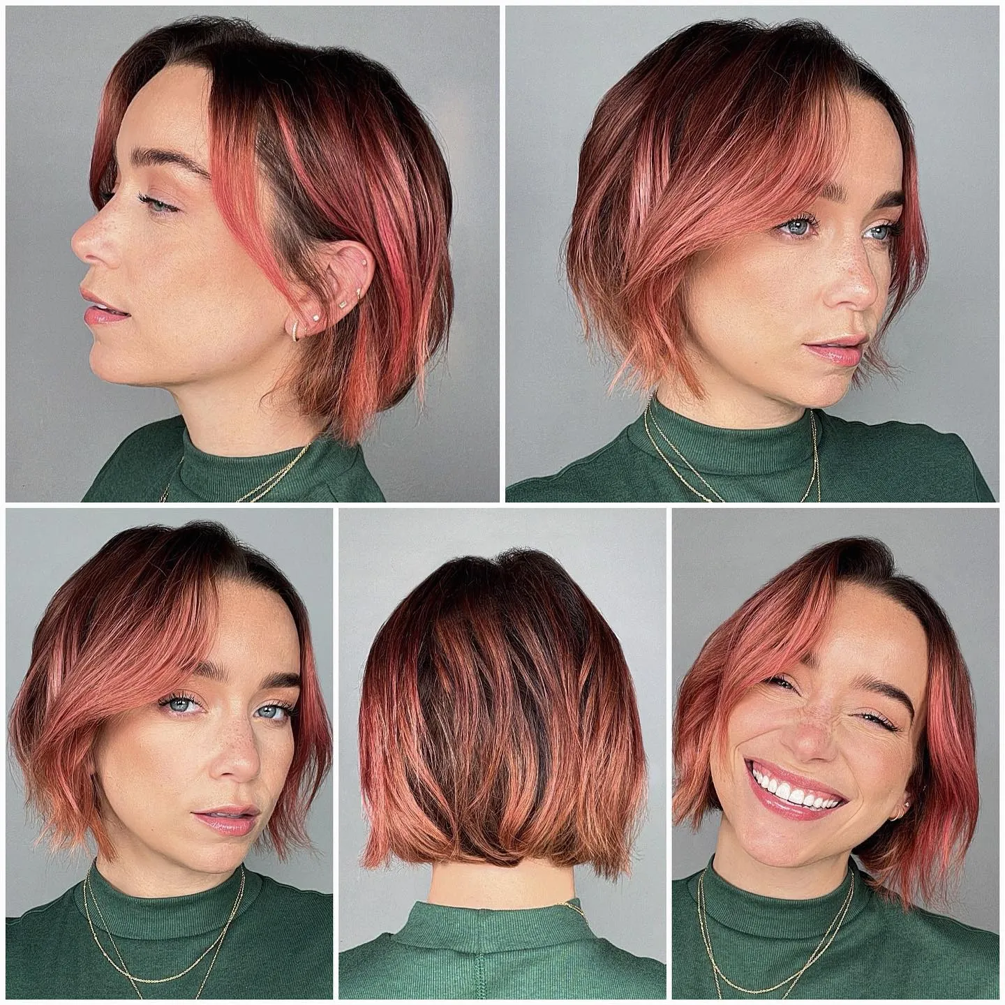 Pink textured bob with darker roots and soft bends