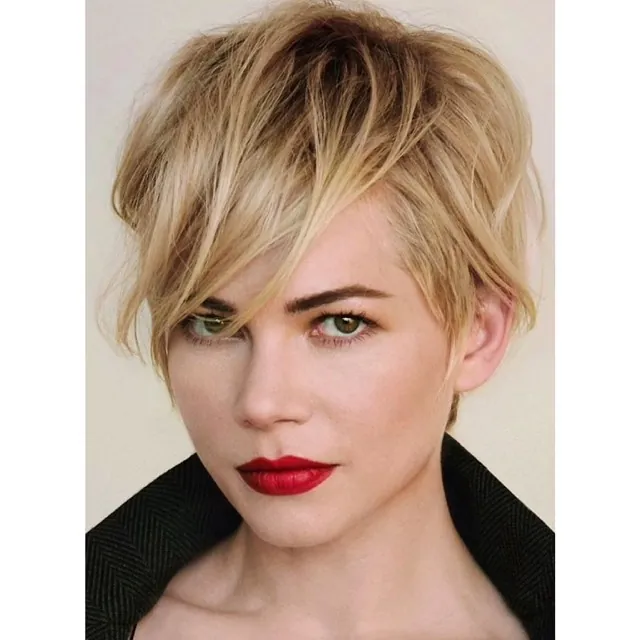Blonde pixie with long side fringe