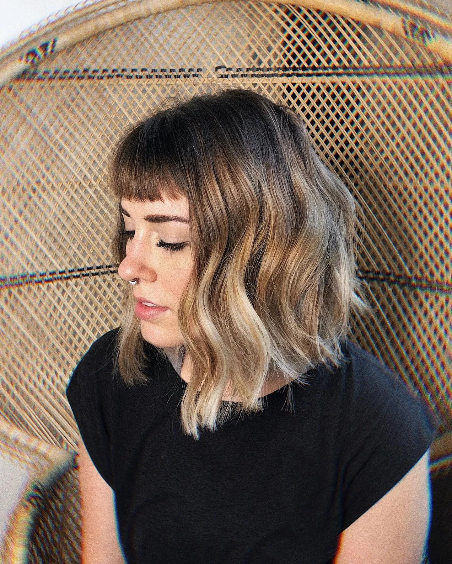 Wavy lob with blunt baby bangs