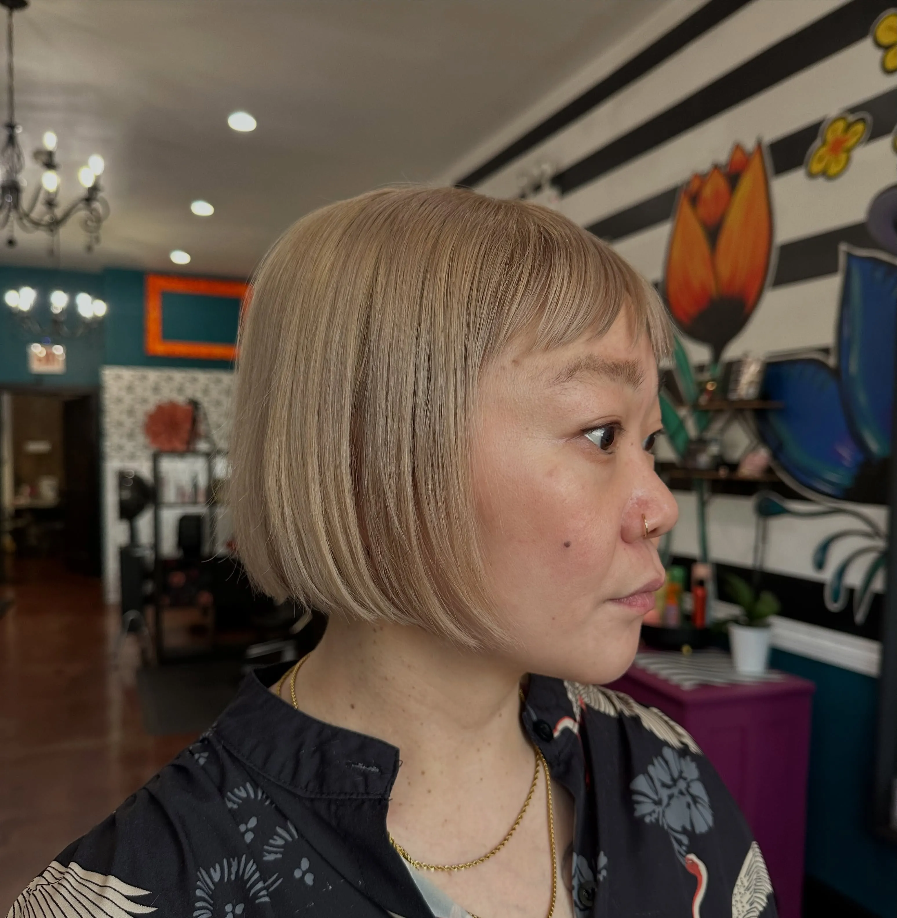 Blunt baby blonde bob with micro fringe