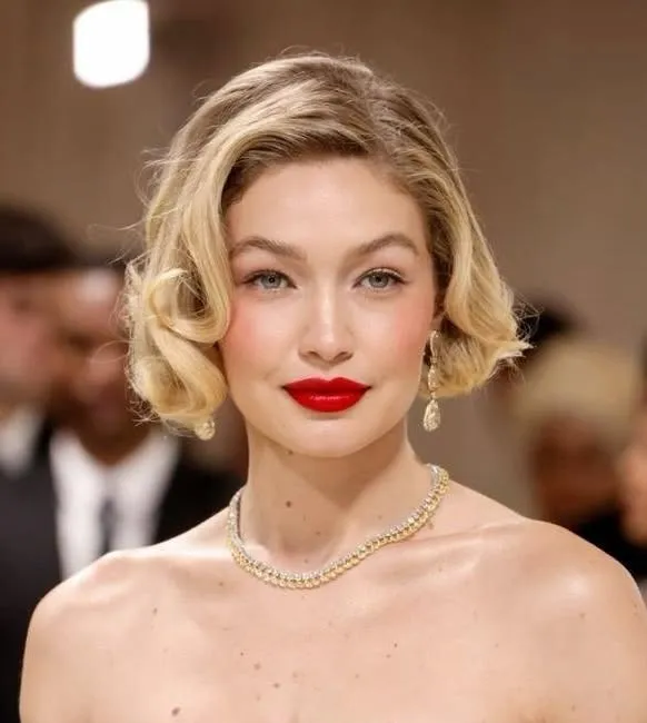 Short blonde baroque bob with deep side part and curled-under ends