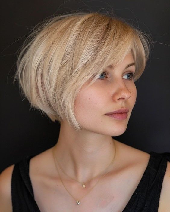 Layered light bixie with a feathered side-swept fringe and rounded crown
