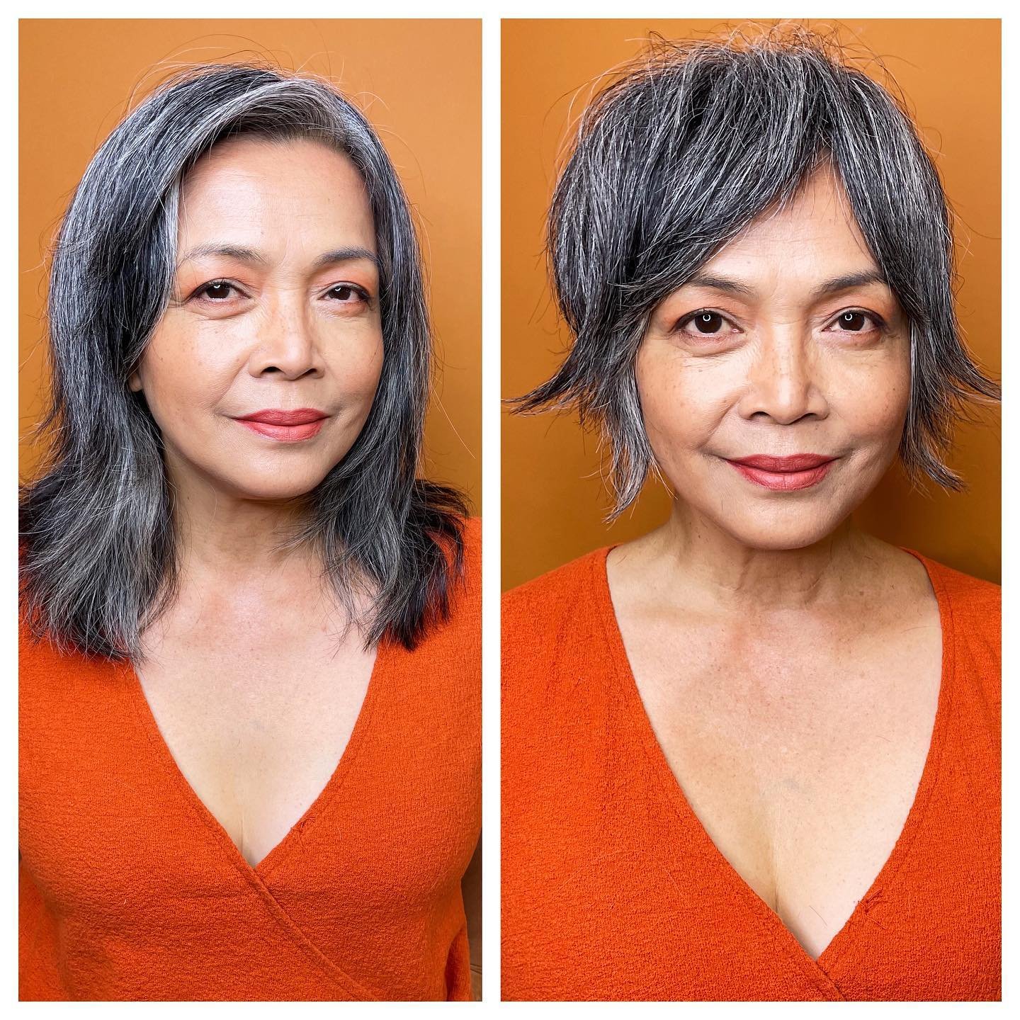 Feathered grey bixie with a side-swept fringe and soft layered ends