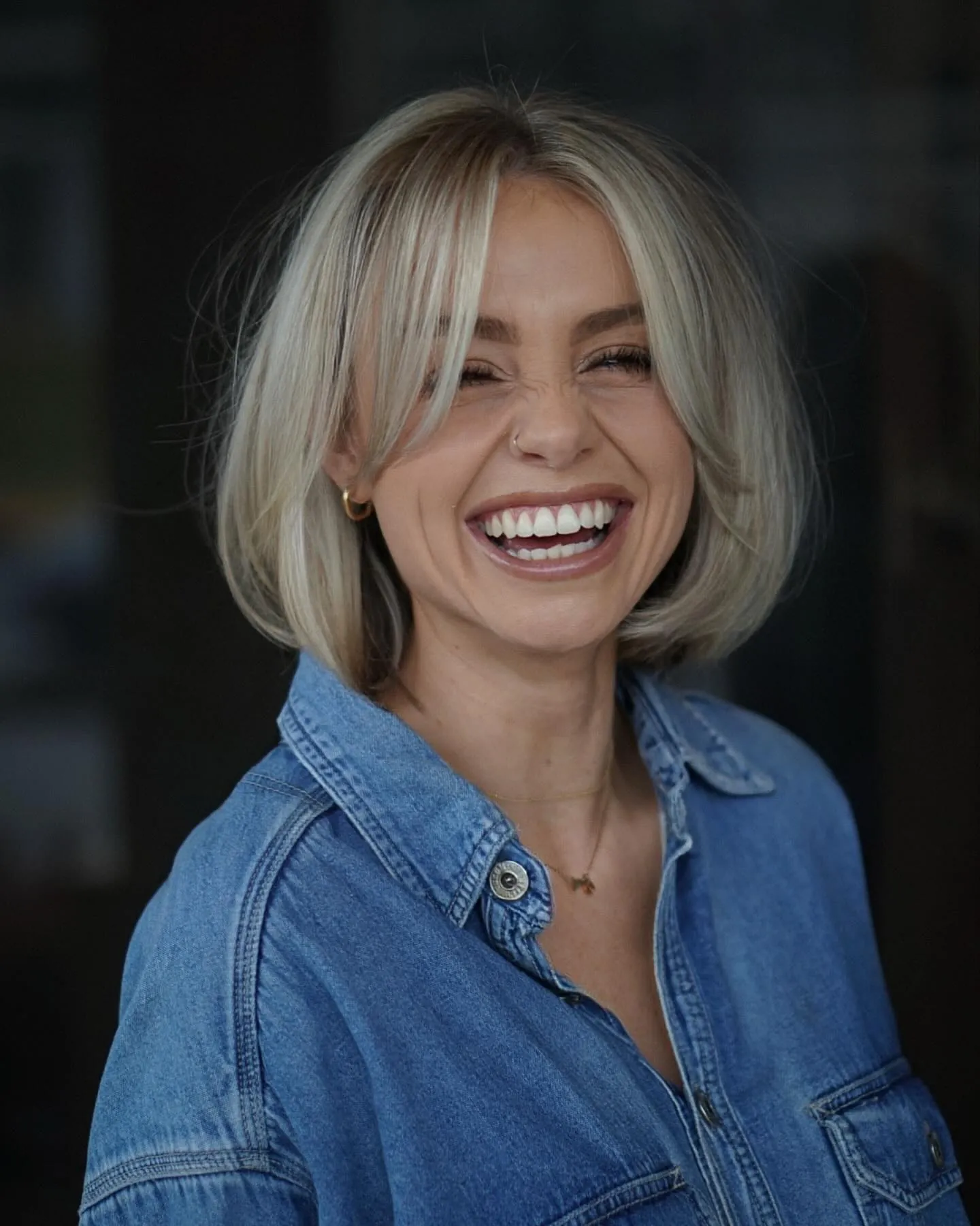 Rounded blonde bob with curtain fringe