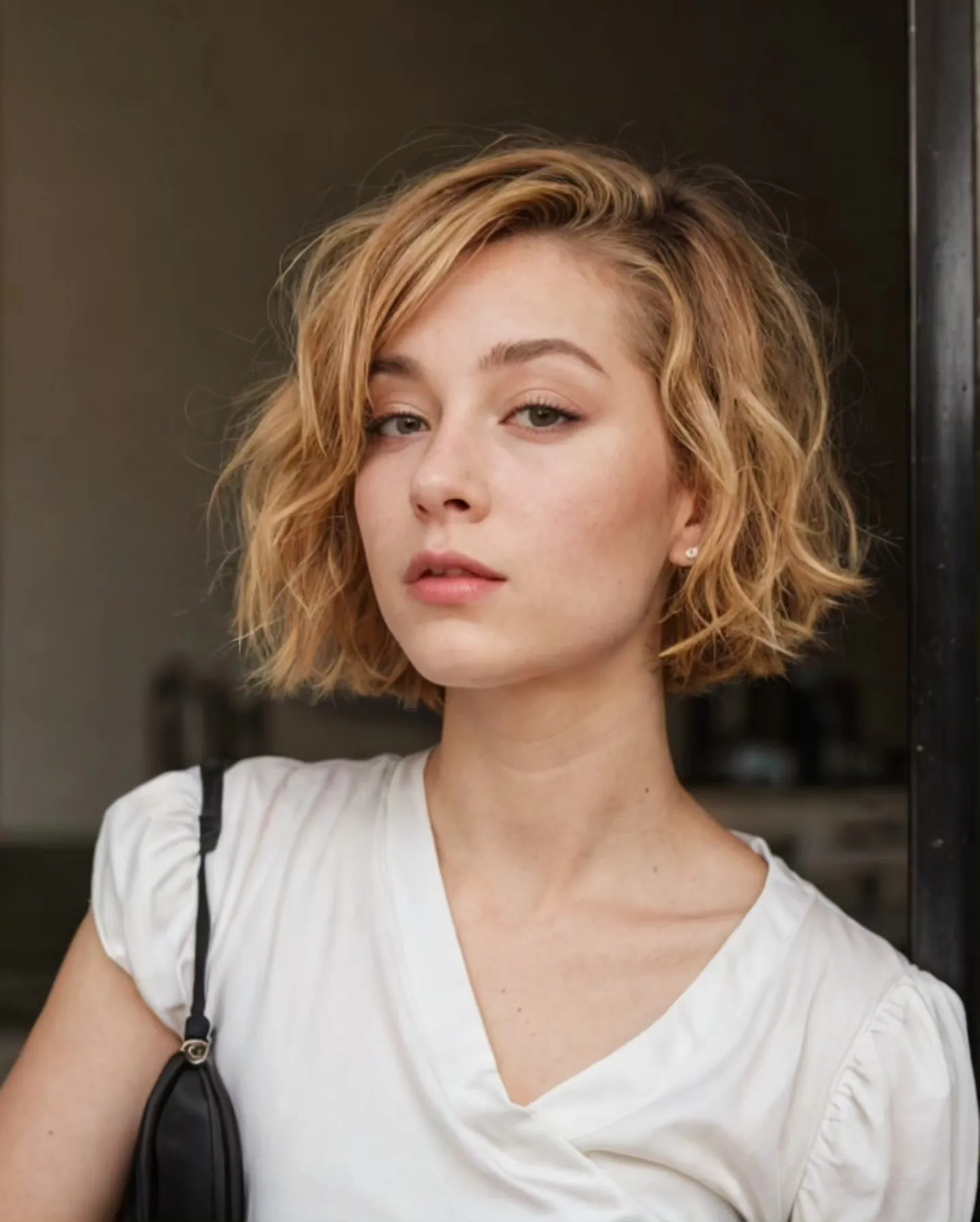 Wavy short blonde bob with side part