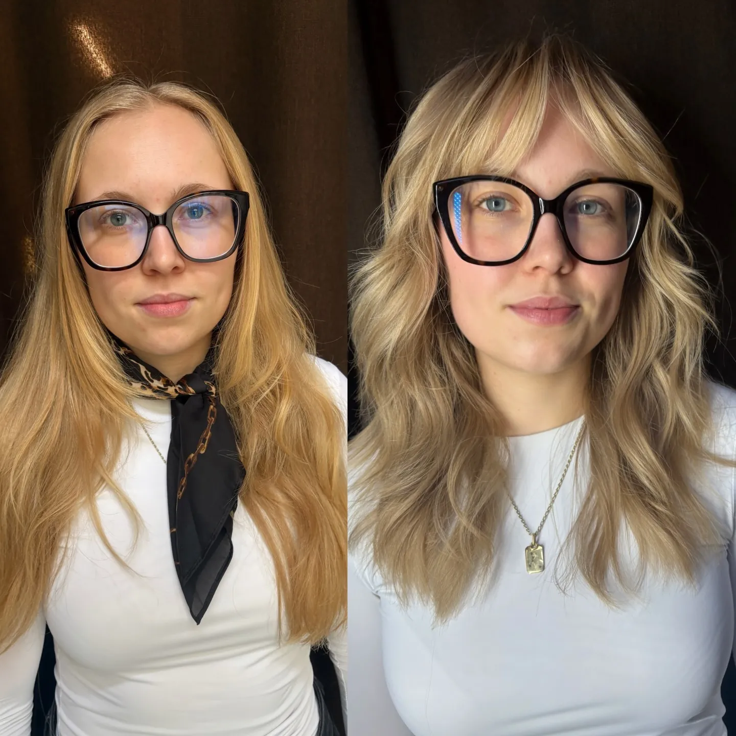 Blonde butterfly haircut before and after with soft wavy layers