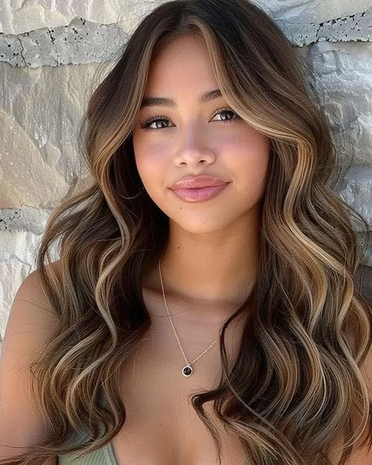 Long brunette waves with bright warm face-framing highlights