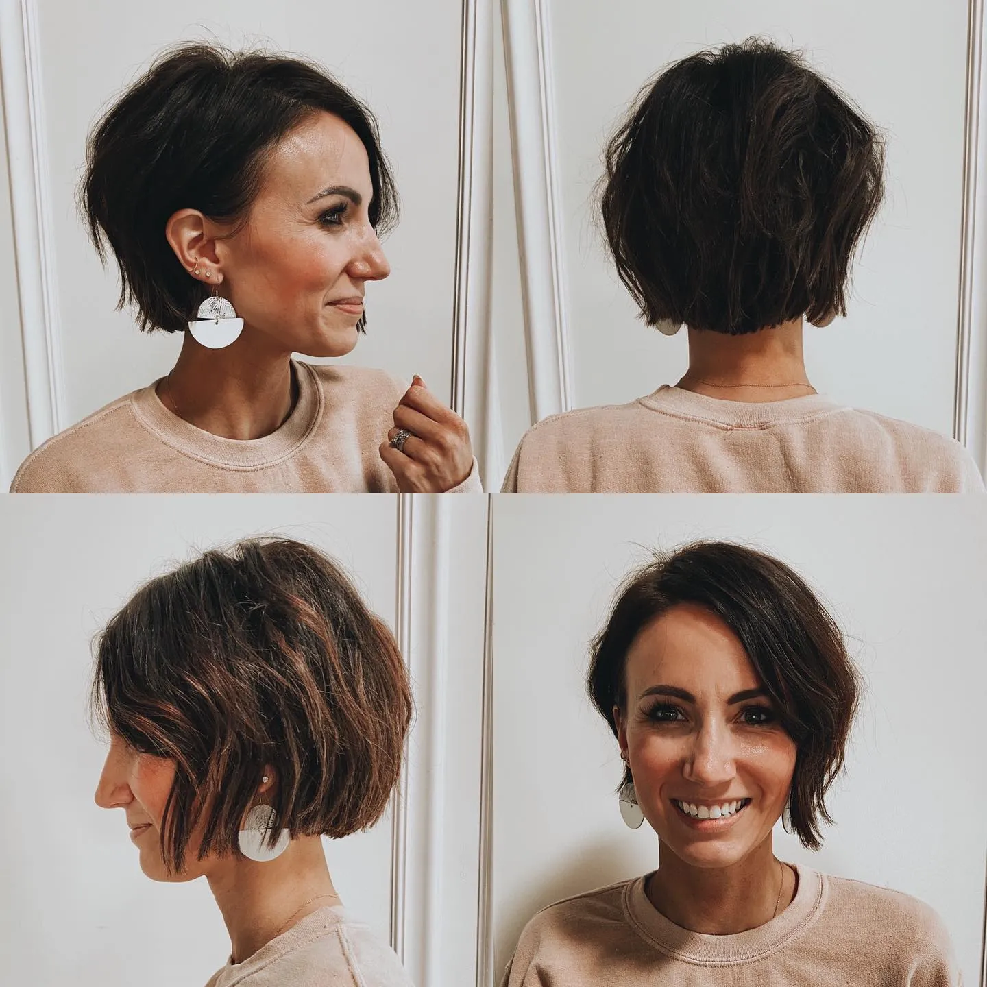 Tousled brunette chin-length bob with a deep side part and tapered nape