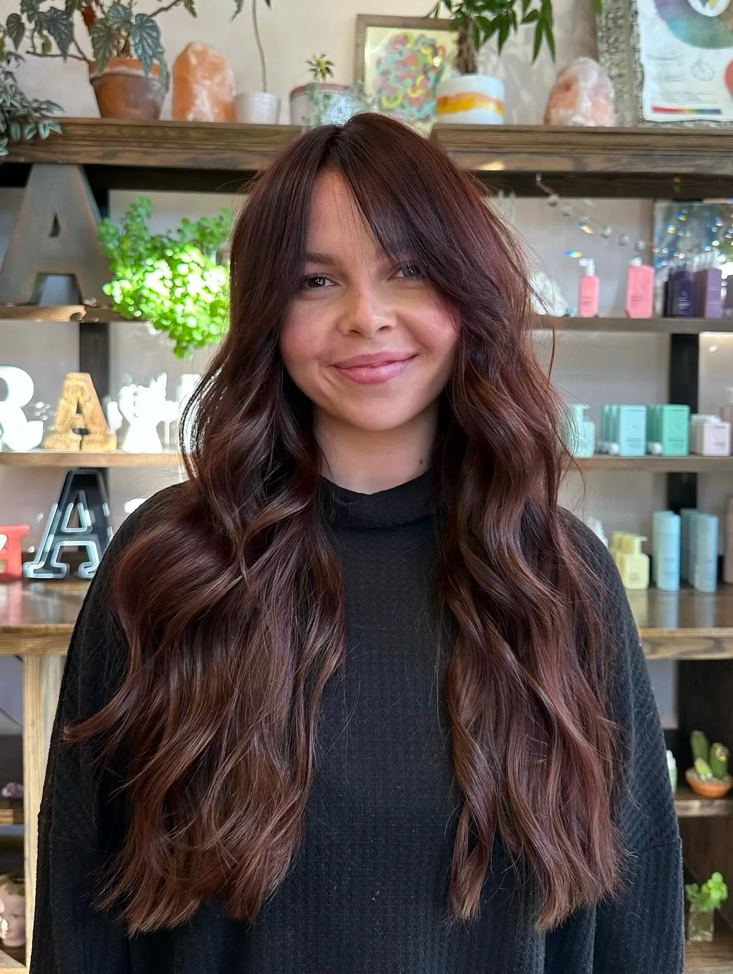 Long waves with dimensional dark red and brown hair color