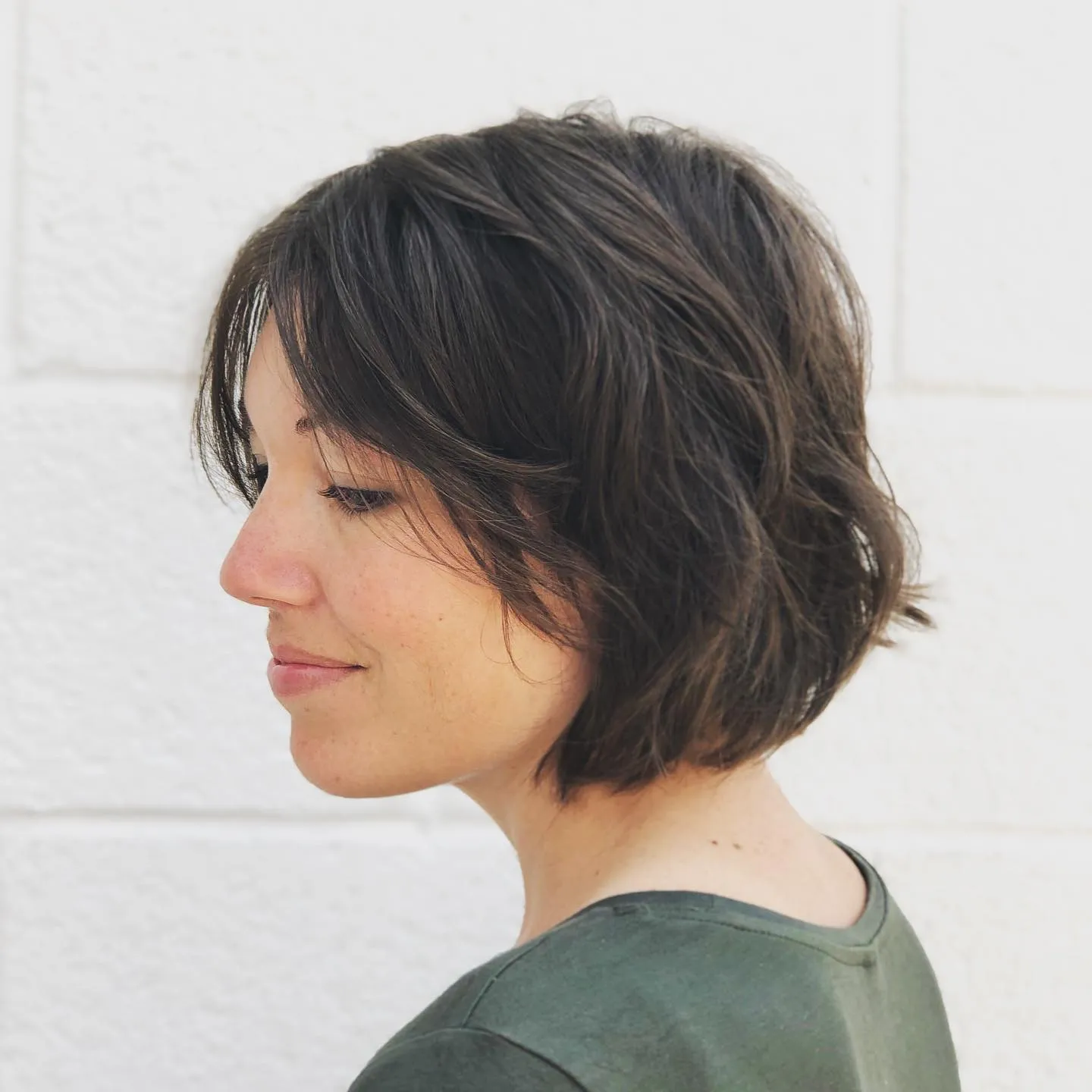 Rounded choppy bob with a soft side fringe