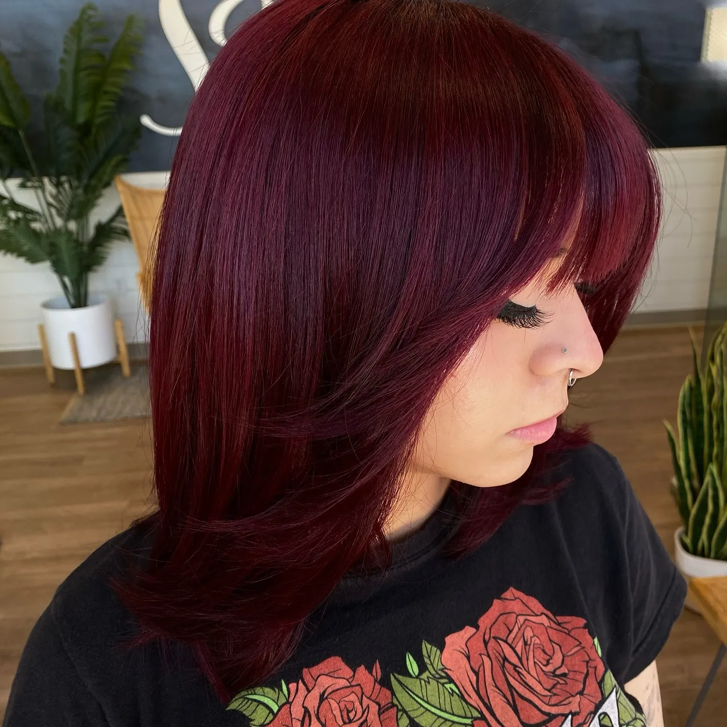 Vibrant deep red medium length with full bangs
