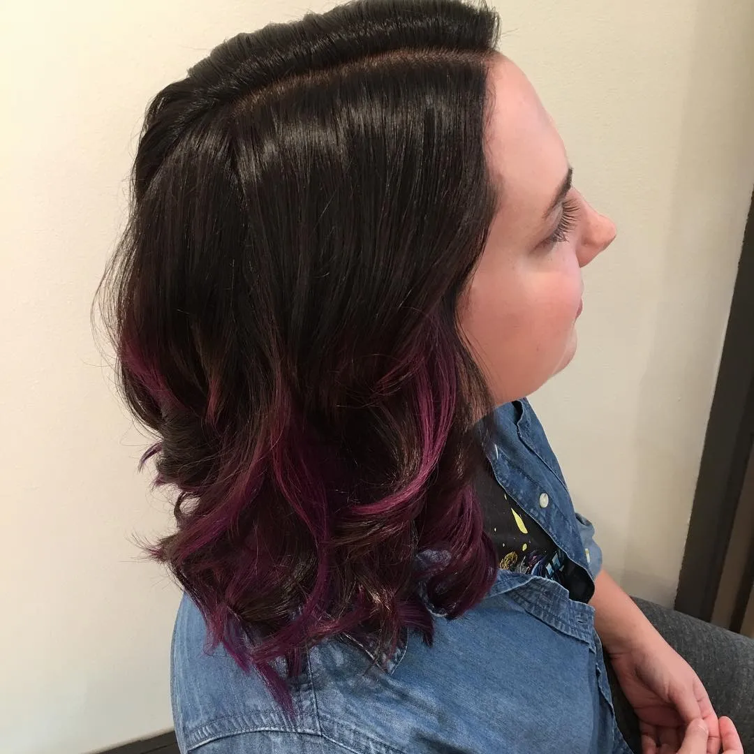 Dark brown to purple ombre medium wavy bob