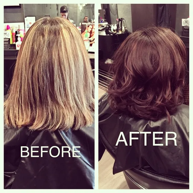 Deep mahogany wavy bob after color transformation