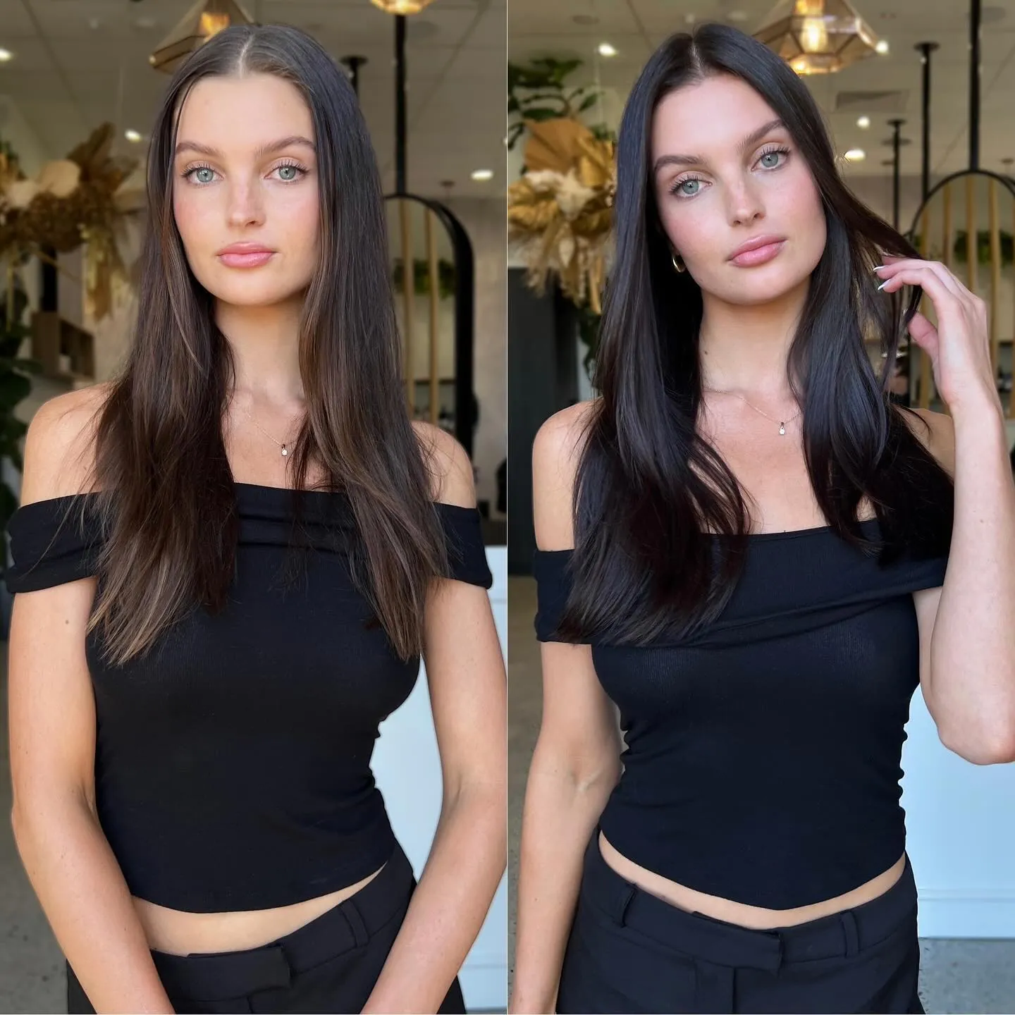 Long sleek dark brunette hair with subtle reflective shine
