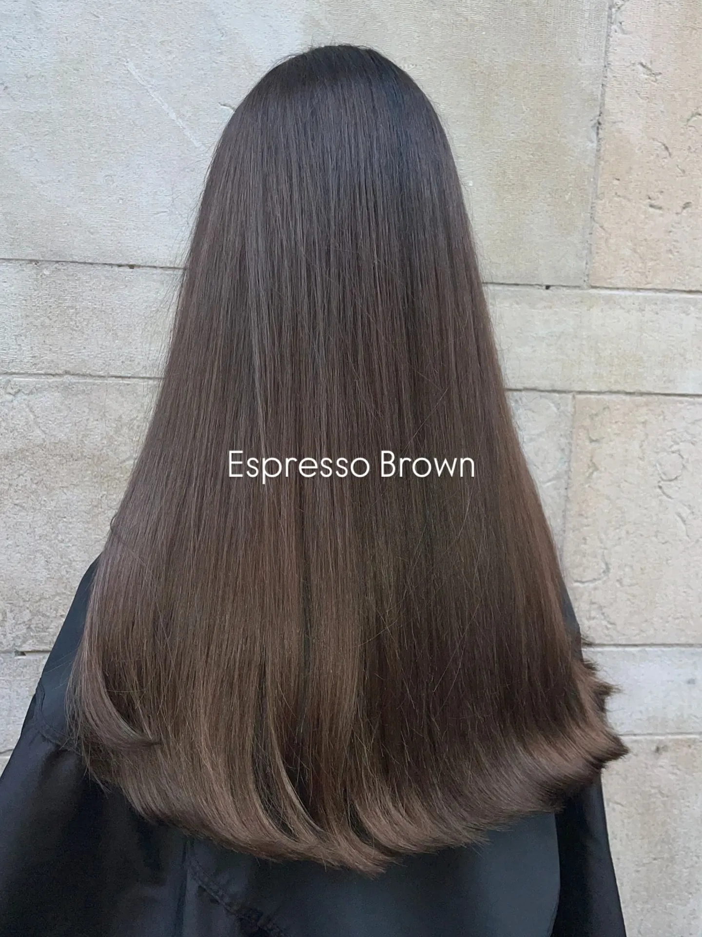 Long straight dark brown hair with softly curved ends viewed from the back