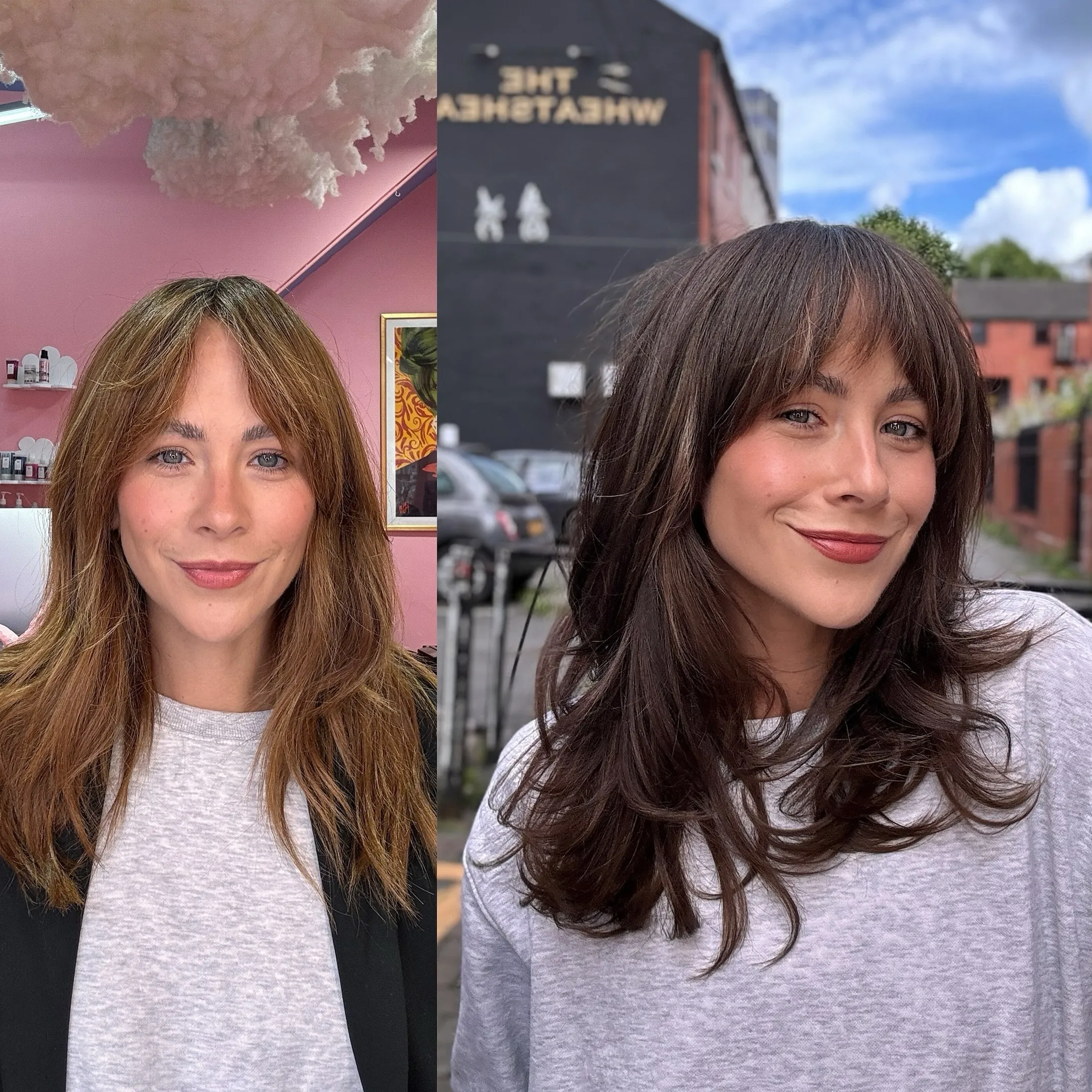 Deep brunette layered hair with full fringe and curled ends