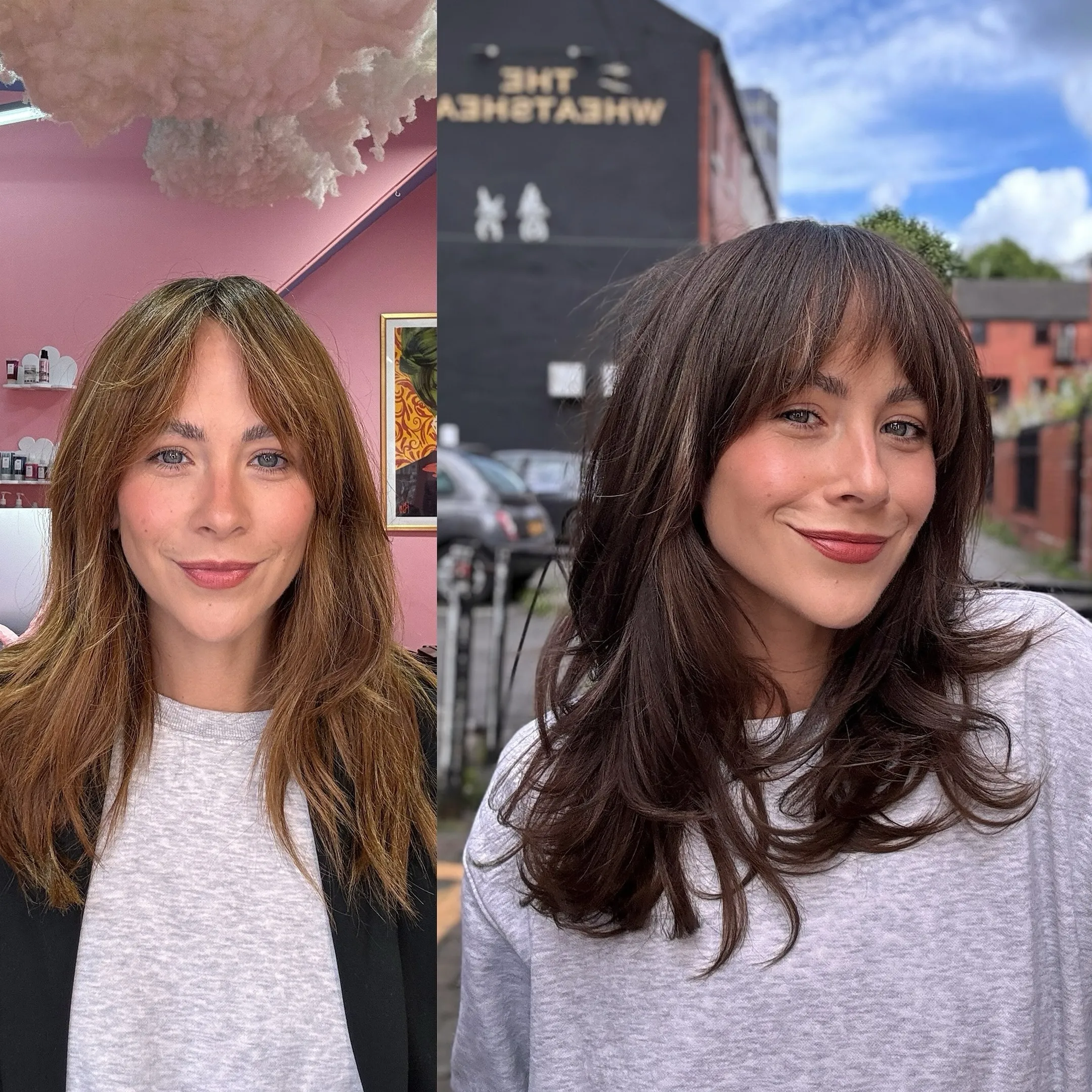 Layered brunette hair with wispy fringe shown before and after