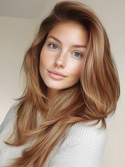 Warm copper brunette hair with long layered movement