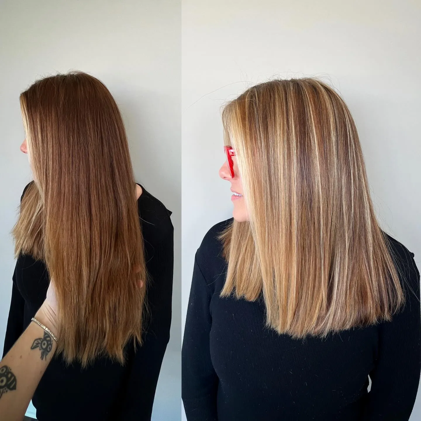 Before and after dimensional blonde lob with soft highlights