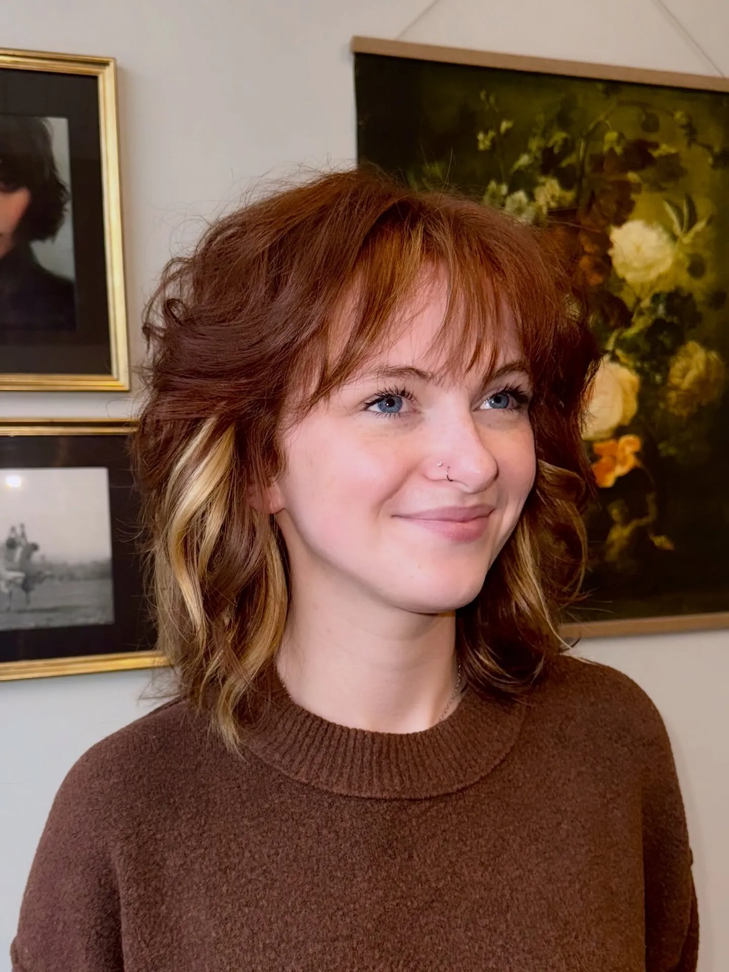 Short copper shag with blonde tips and fringe