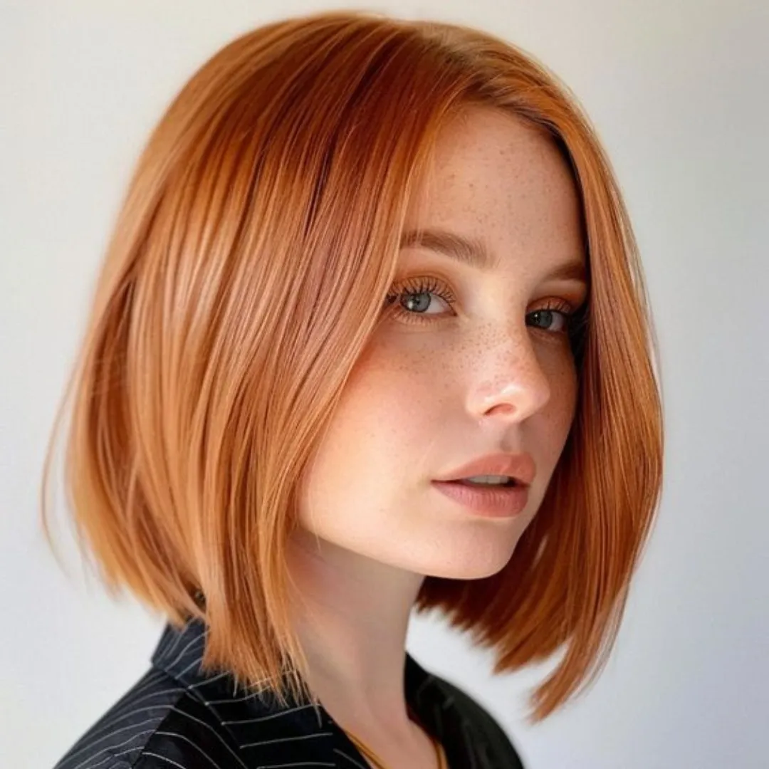 Sleek copper blonde bob with soft side part