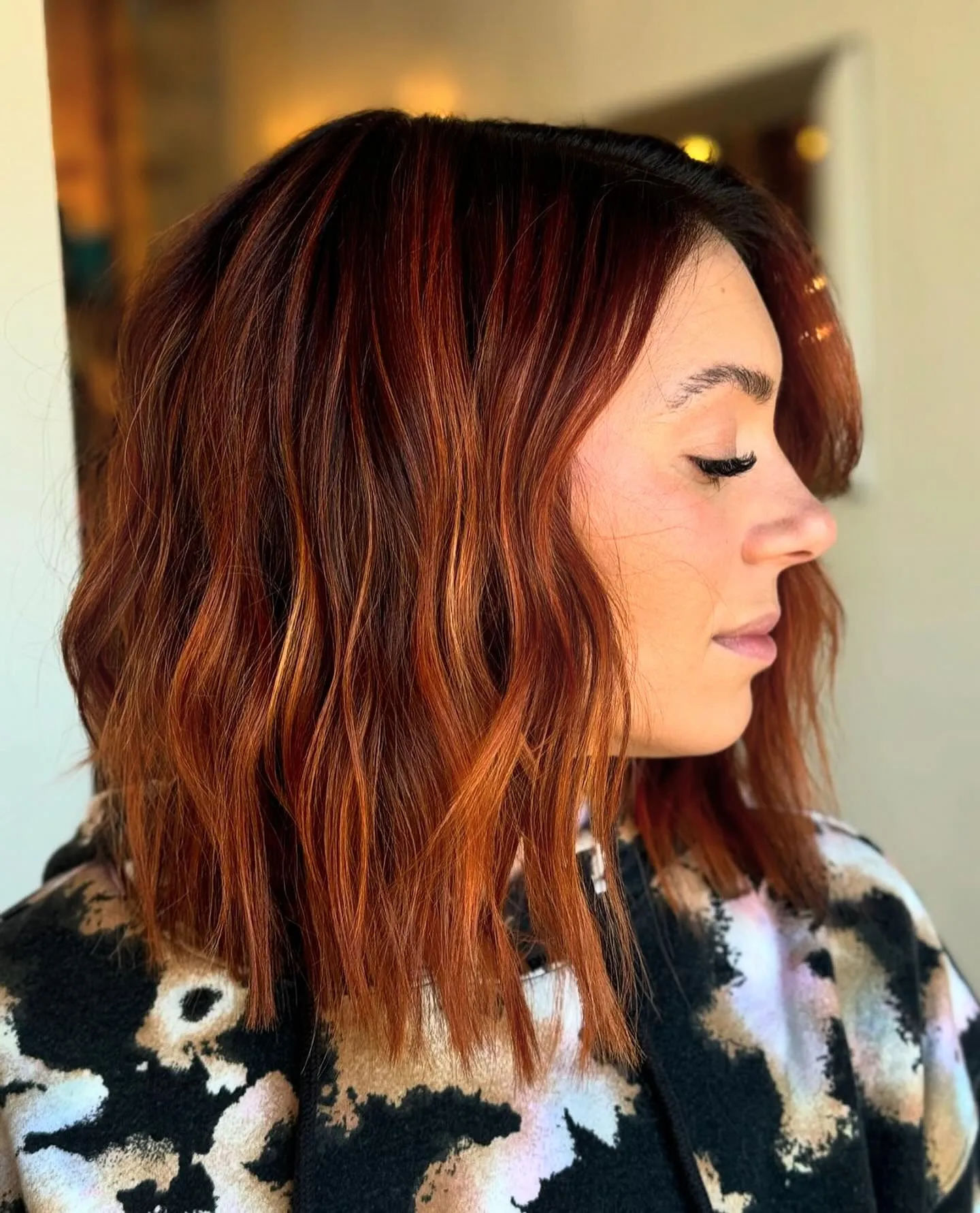 Long copper bob with loose waves