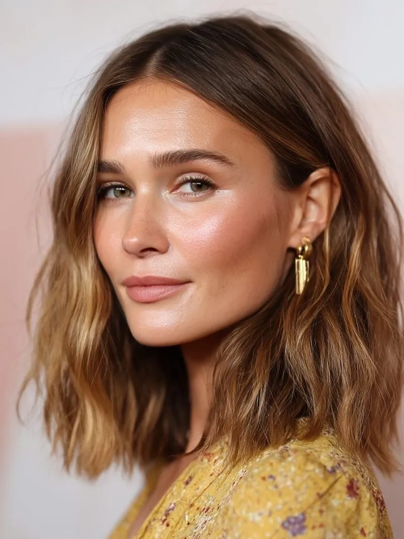 Wavy brunette lob with center part