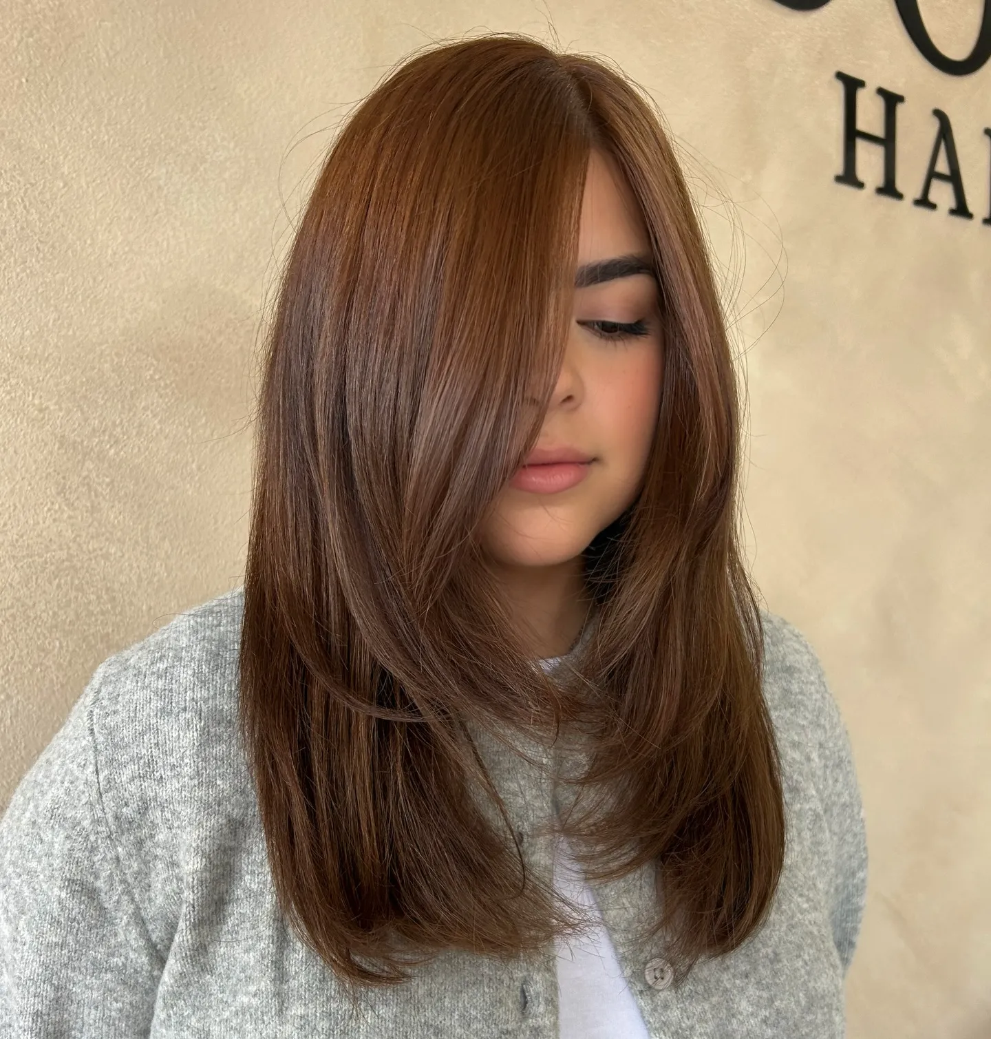 Sleek medium brown with face-framing layers