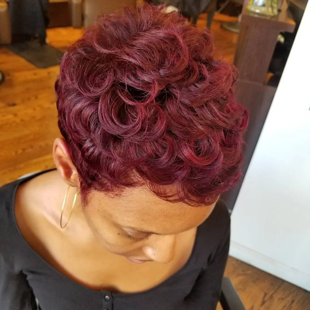 Curly deep burgundy magenta pixie