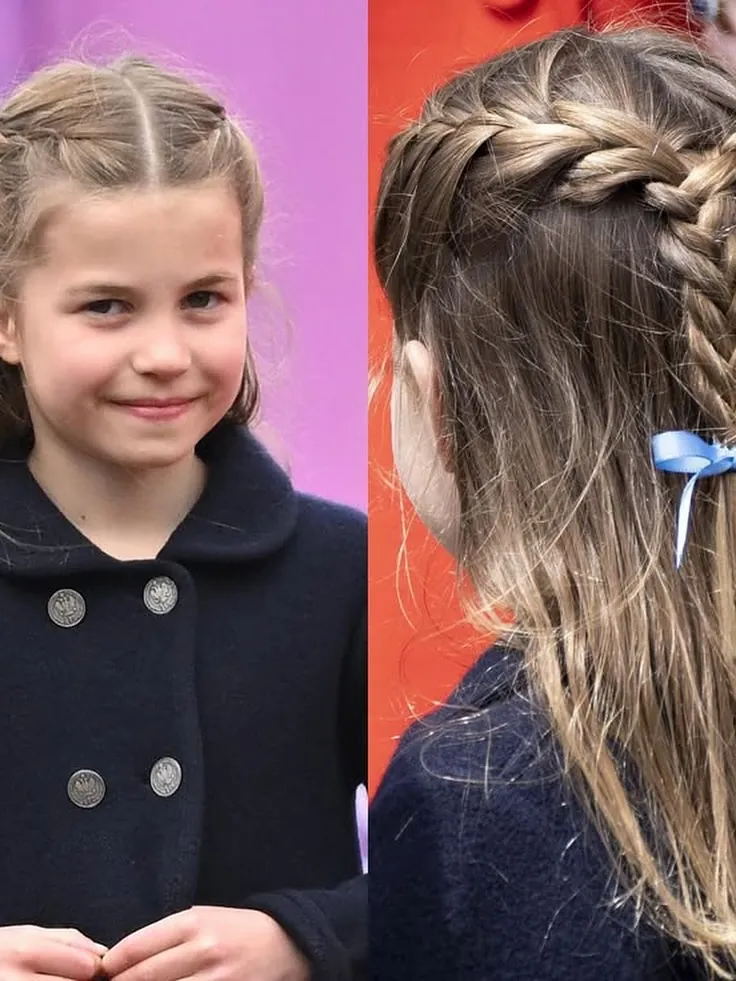 Two small crown braids with long hair left down and ribbon detail