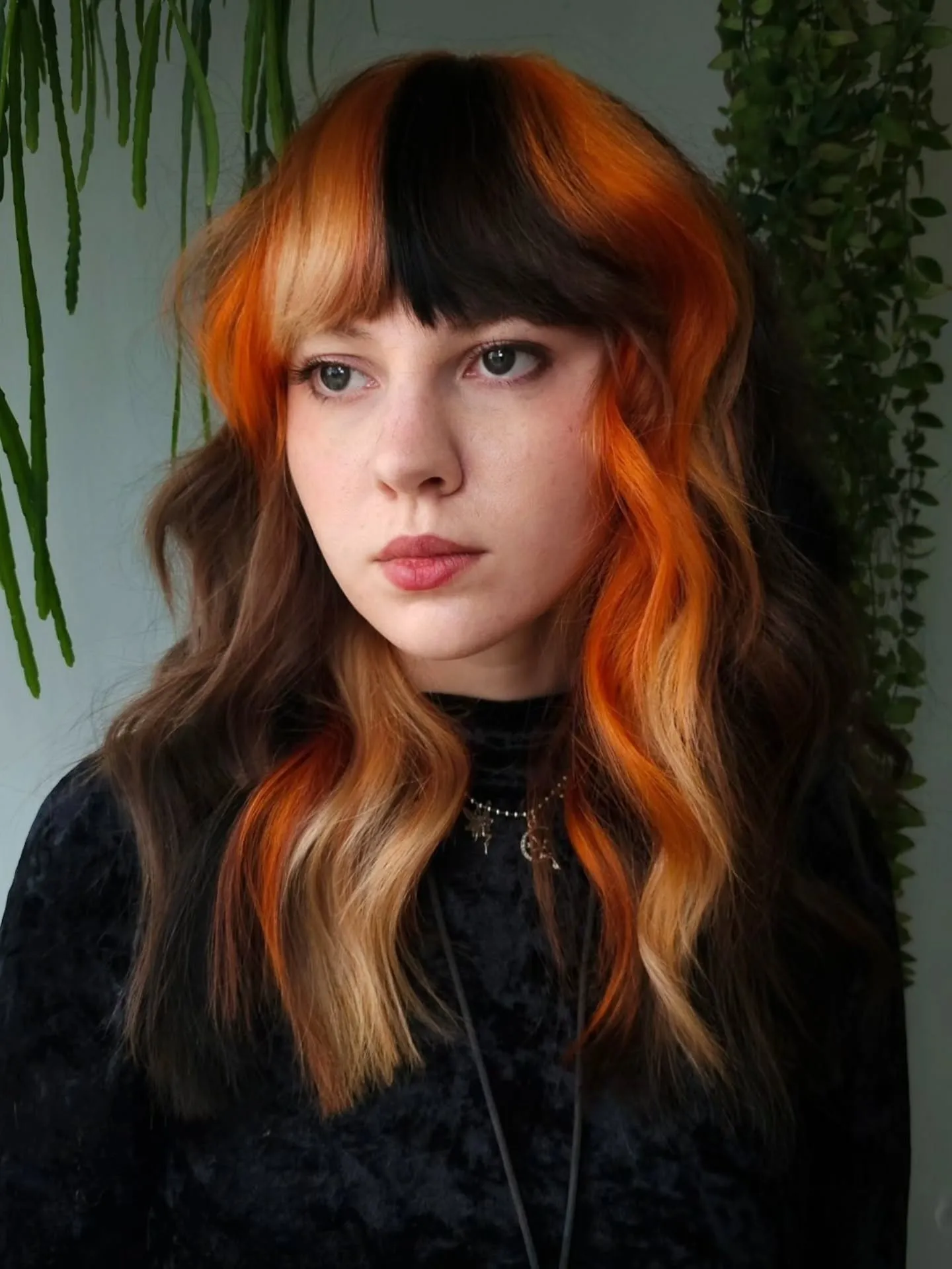 Long shag with orange face-framing colour and dark brown lengths