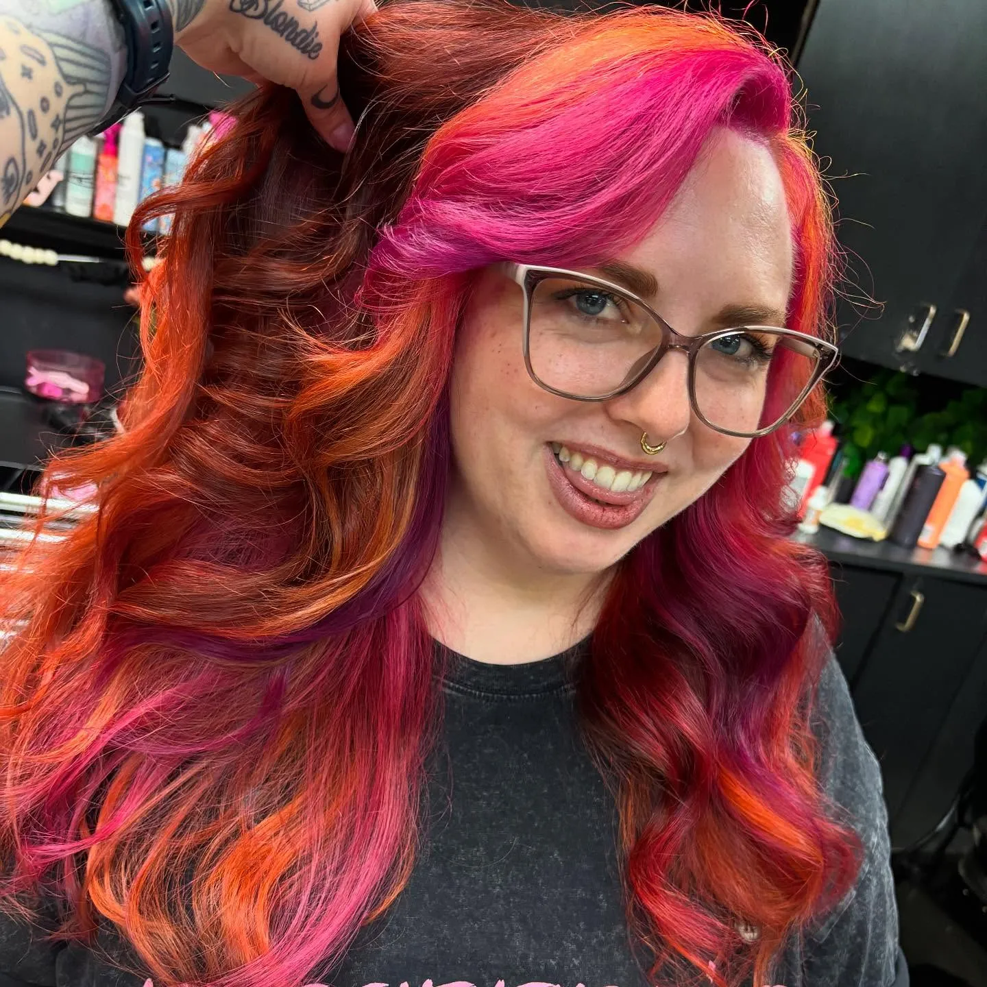 Long layered waves with hot pink, red and orange colour