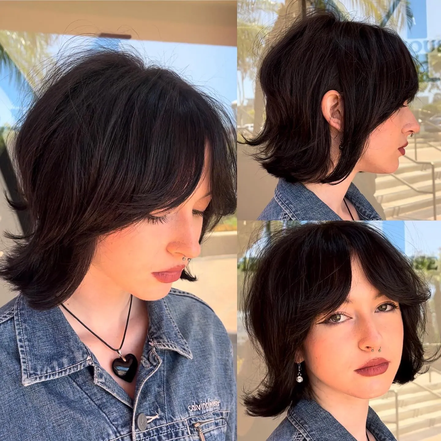 Black shag bob with curtain fringe and flipped layers
