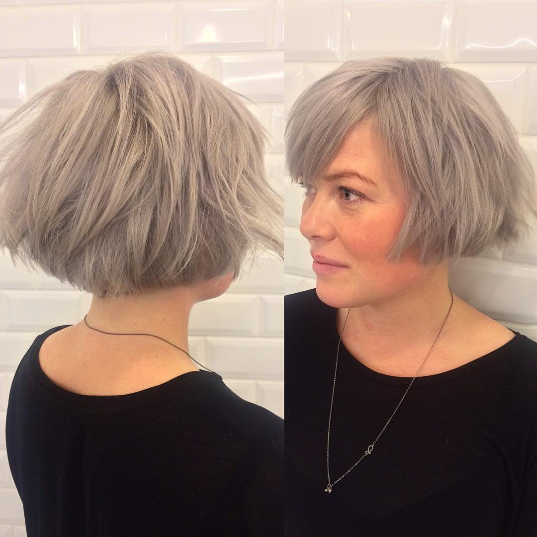 Stacked gray bob with a tapered nape and side fringe