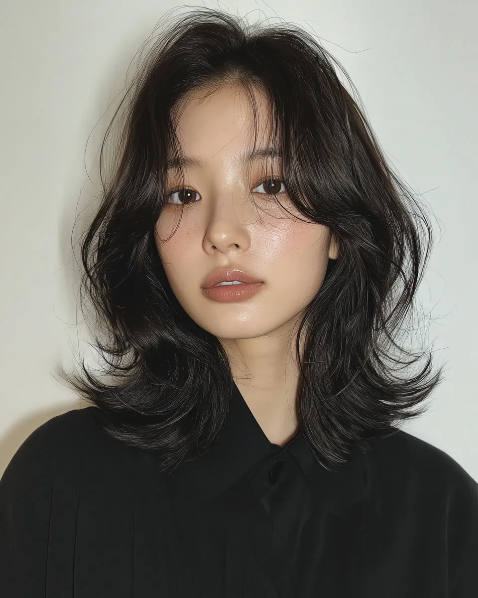 Layered dark lob with curtain fringe and flipped ends