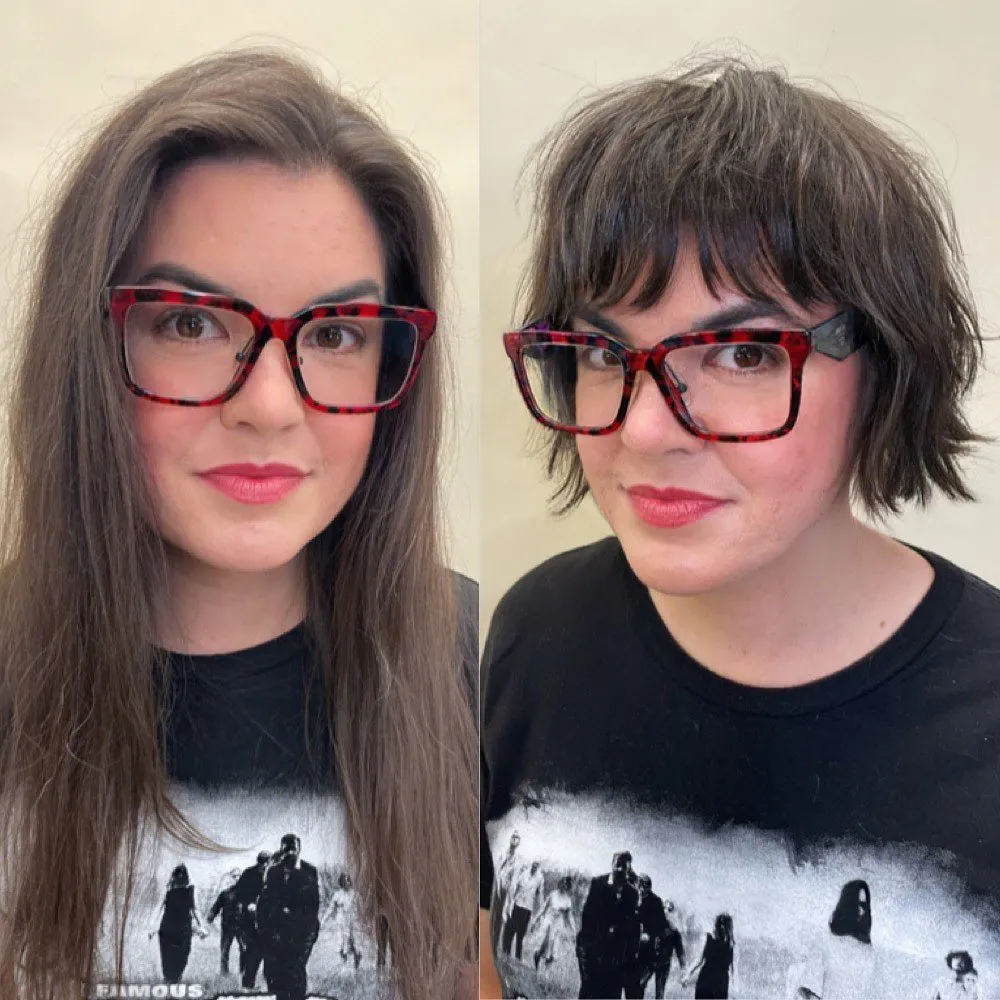 Choppy short bob with full fringe and textured ends