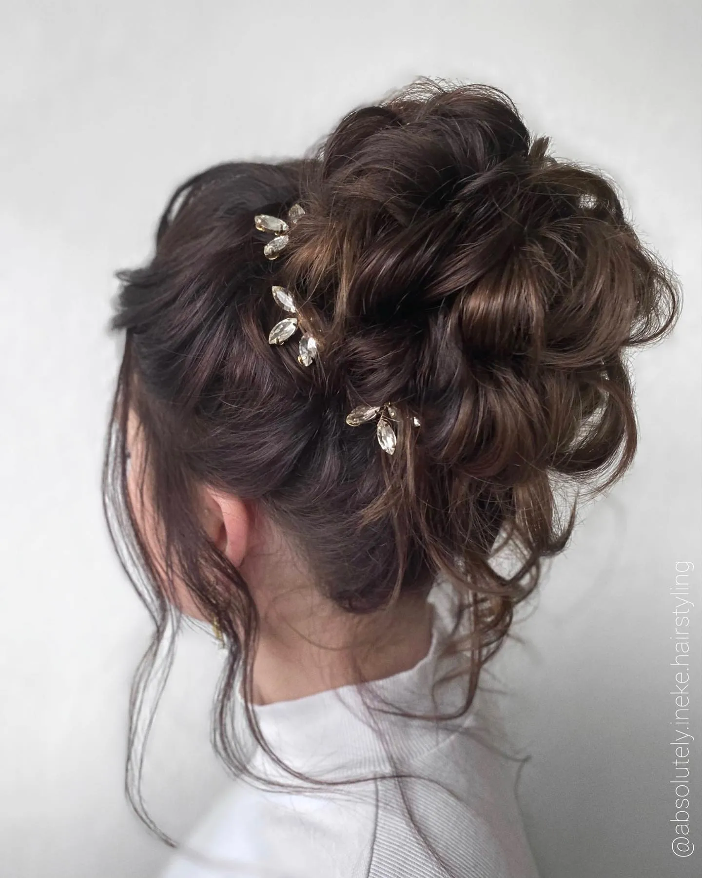 Voluminous dark high bun with crystal pins and loose face-framing strands