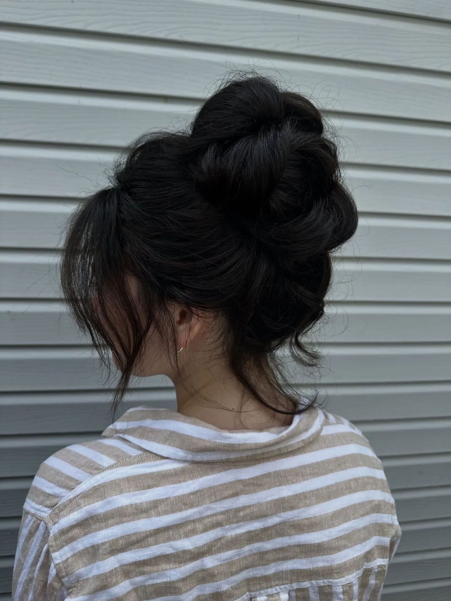 Full dark high bun with soft front layers and a rounded textured shape