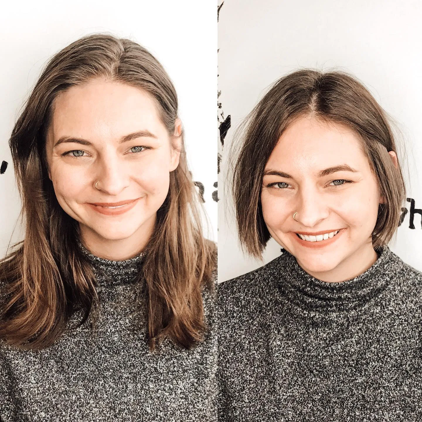 Centre-parted jaw-length bob with tucked sides