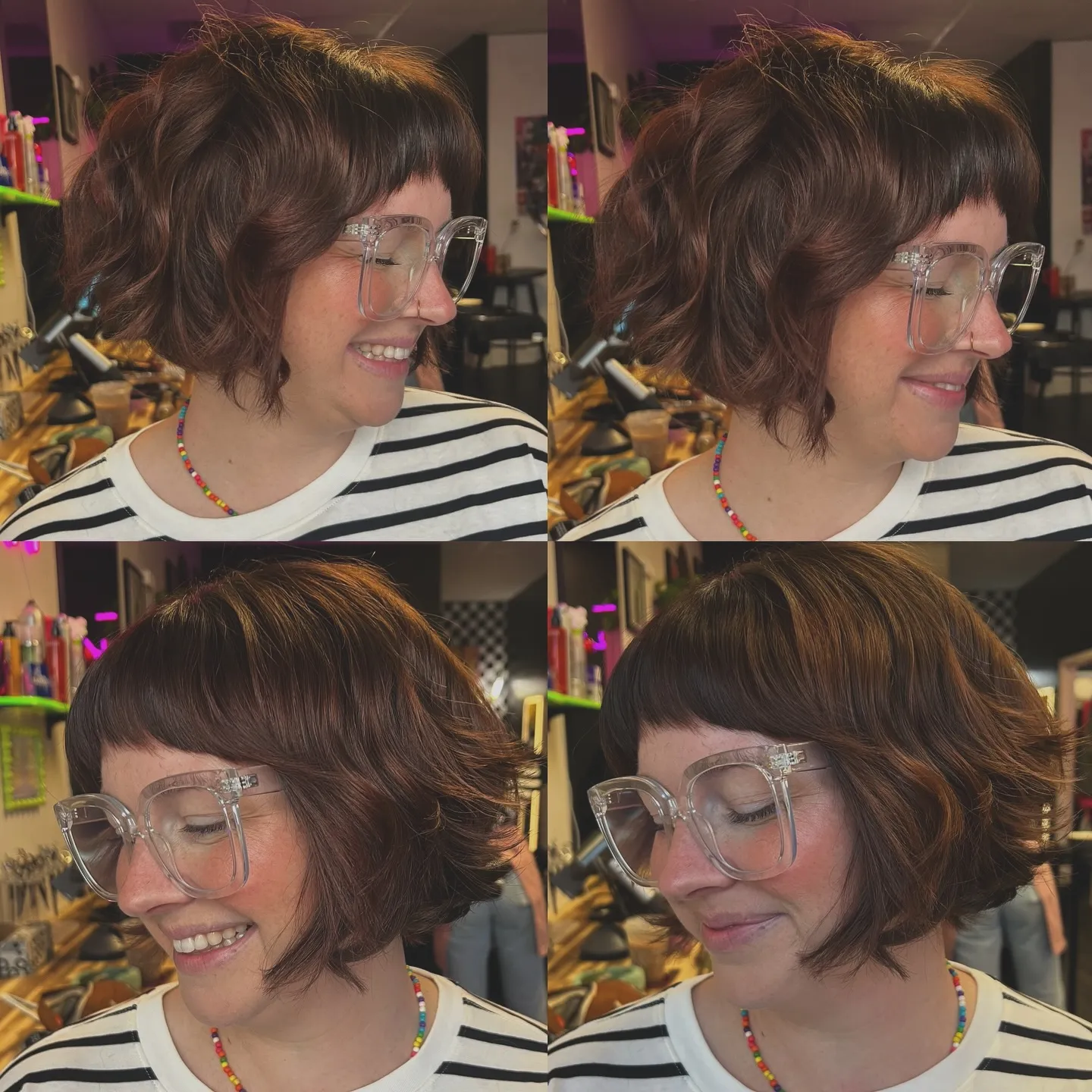 Rounded layered bob with full bangs and flicked ends