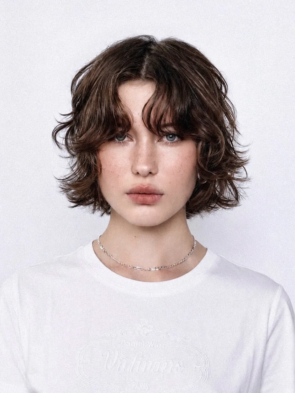 Tousled layered bob with curtain bangs and flipped ends